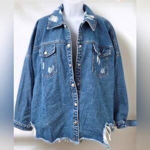 NWT Redial Premium Let's Rock and Roll Distressed Denim Shacket M